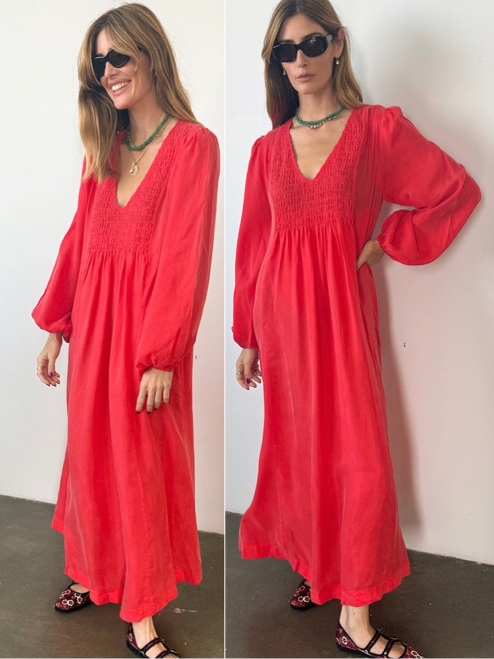 Ciao Lucia Mira Cherry Red Cupro Boho Plunge Long Sleeve Caftan Maxi Dress